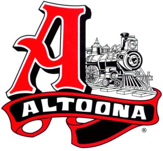 School of Altoona district logo is a large A with the words Altoona below it, over a black and white drawing of a locomotive